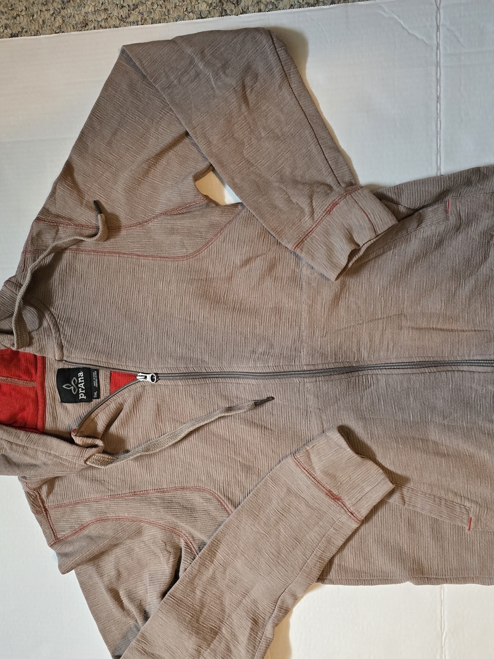 Prana Women's Taupe Hooded Zip-Up with Red Trim
